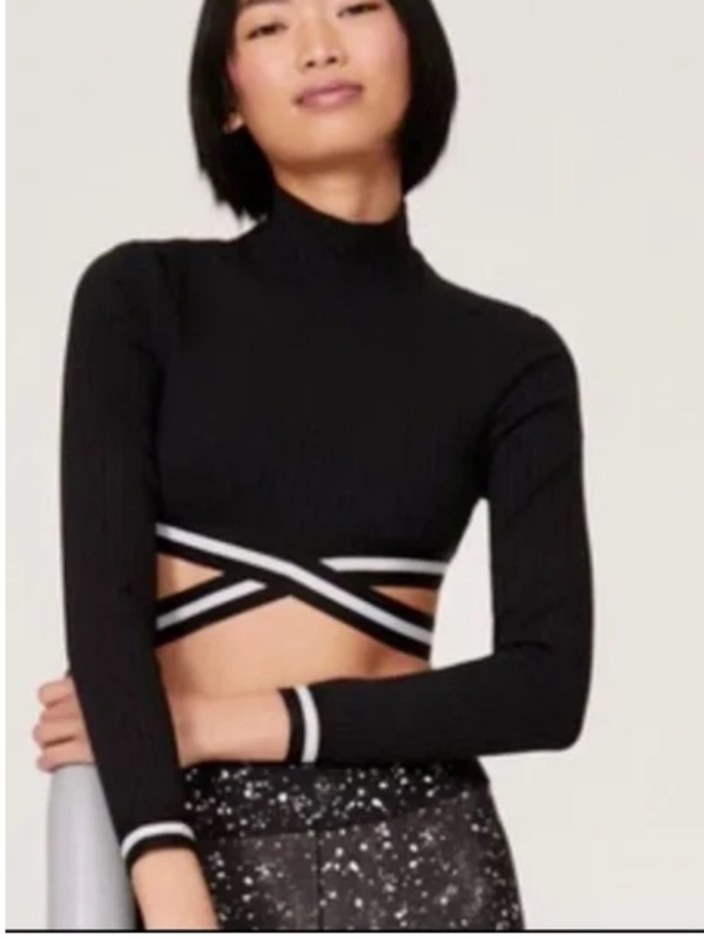 MICHI Apex Ribbed Long Sleeve Top Women’s XS Black White Cropped